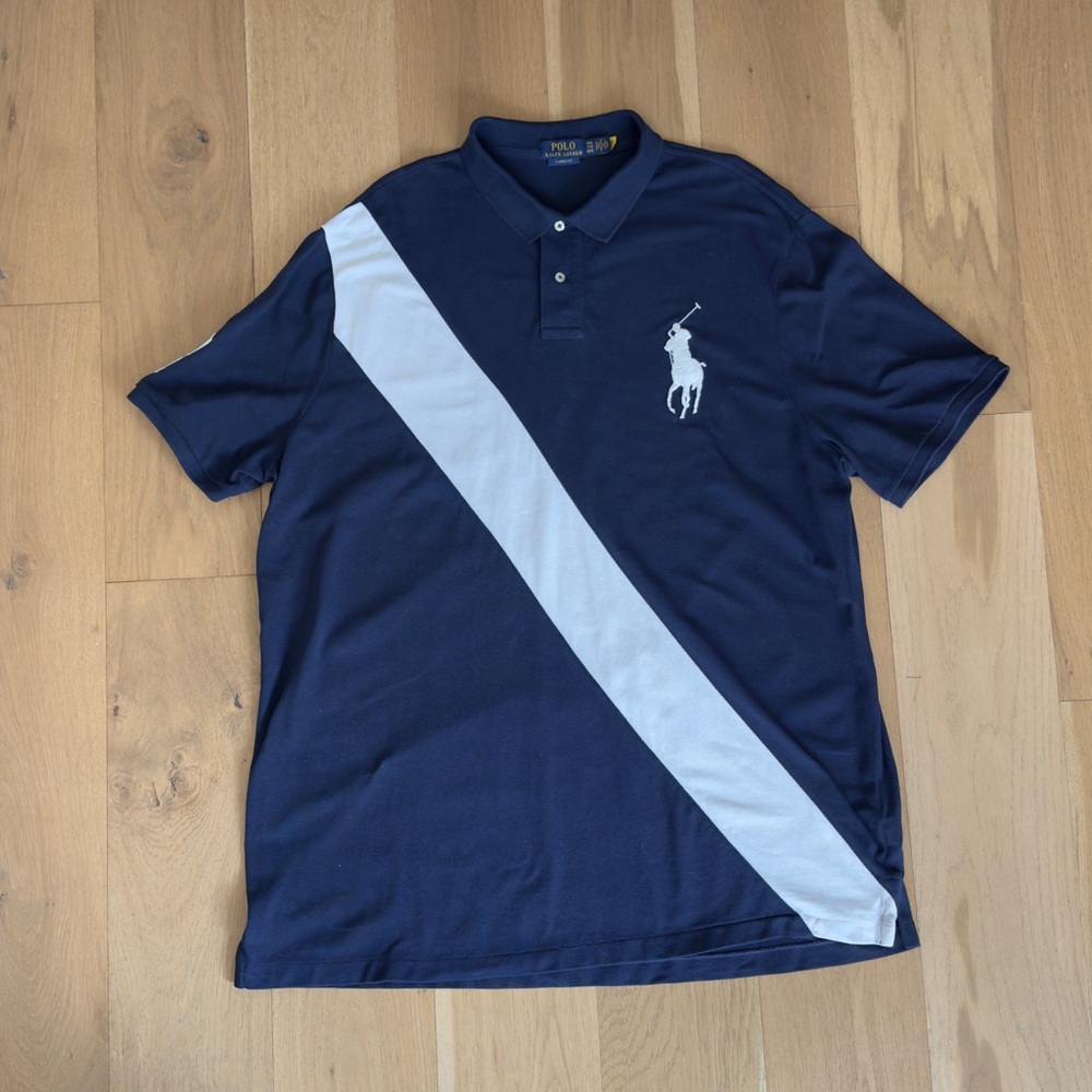 Authentic Ralph Lauren Big Pony Rugby Mesh Polo Shirt Navy w/ White Stripe XXL